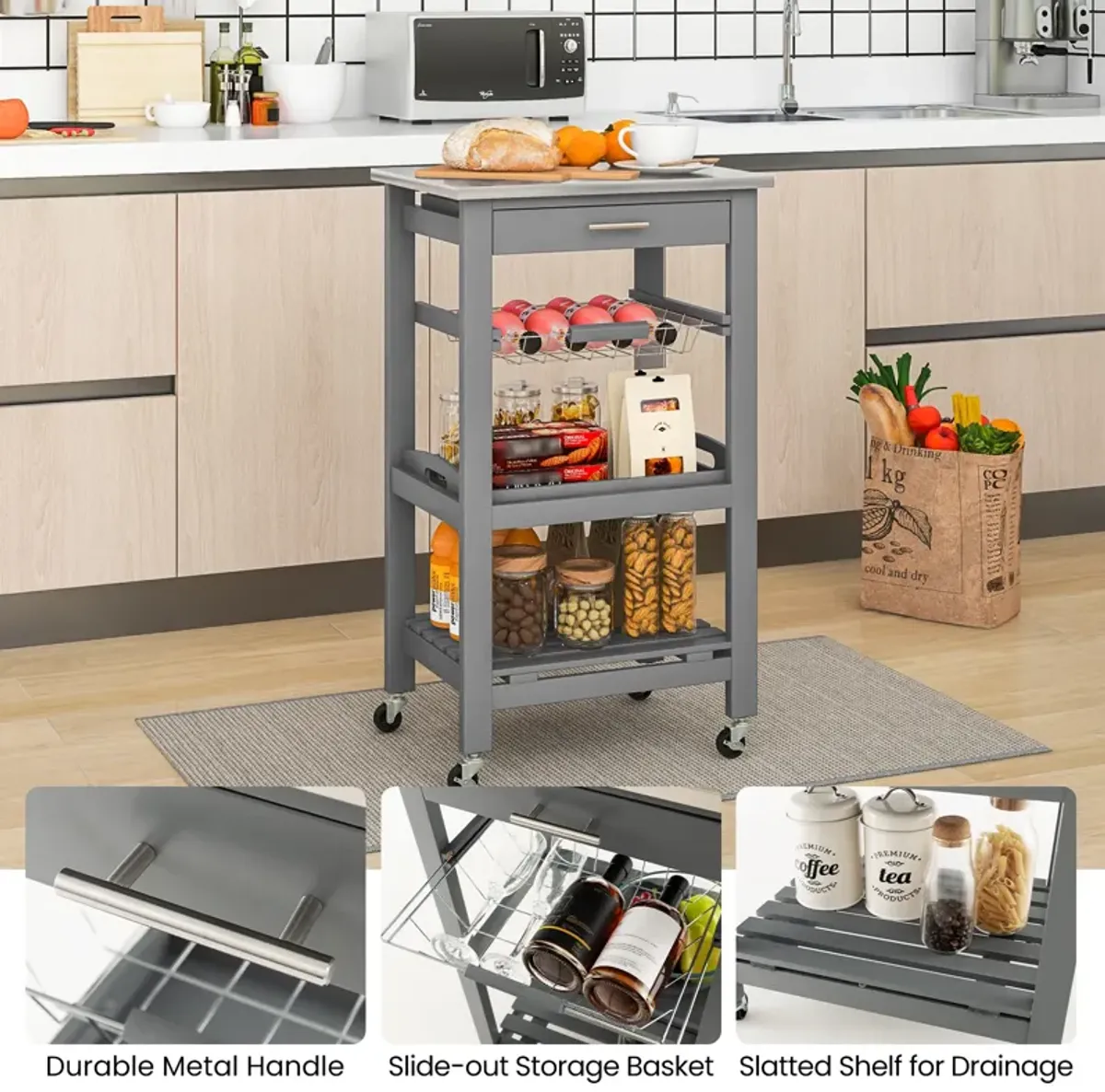 Kitchen Island Cart with Stainless Steel Tabletop and Basket