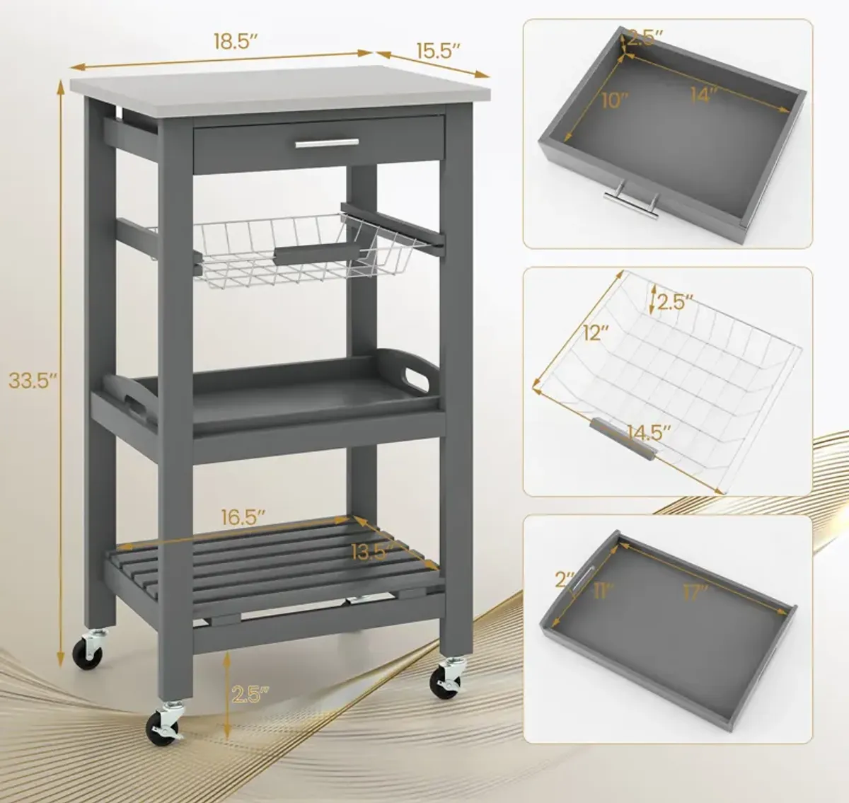 Kitchen Island Cart with Stainless Steel Tabletop and Basket