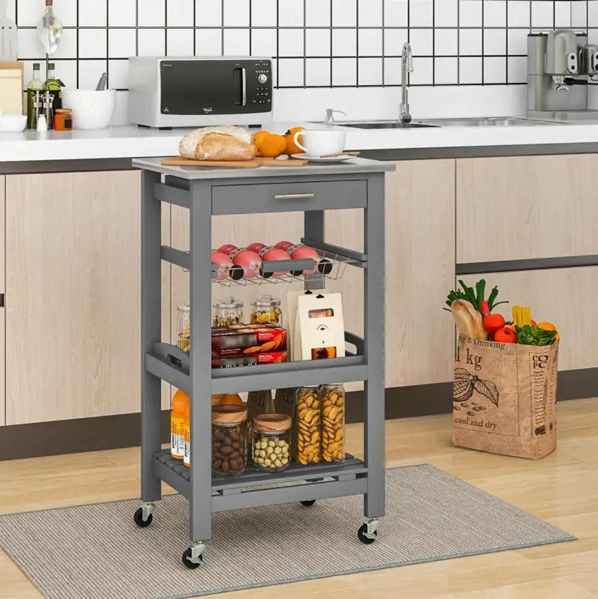 Kitchen Island Cart with Stainless Steel Tabletop and Basket