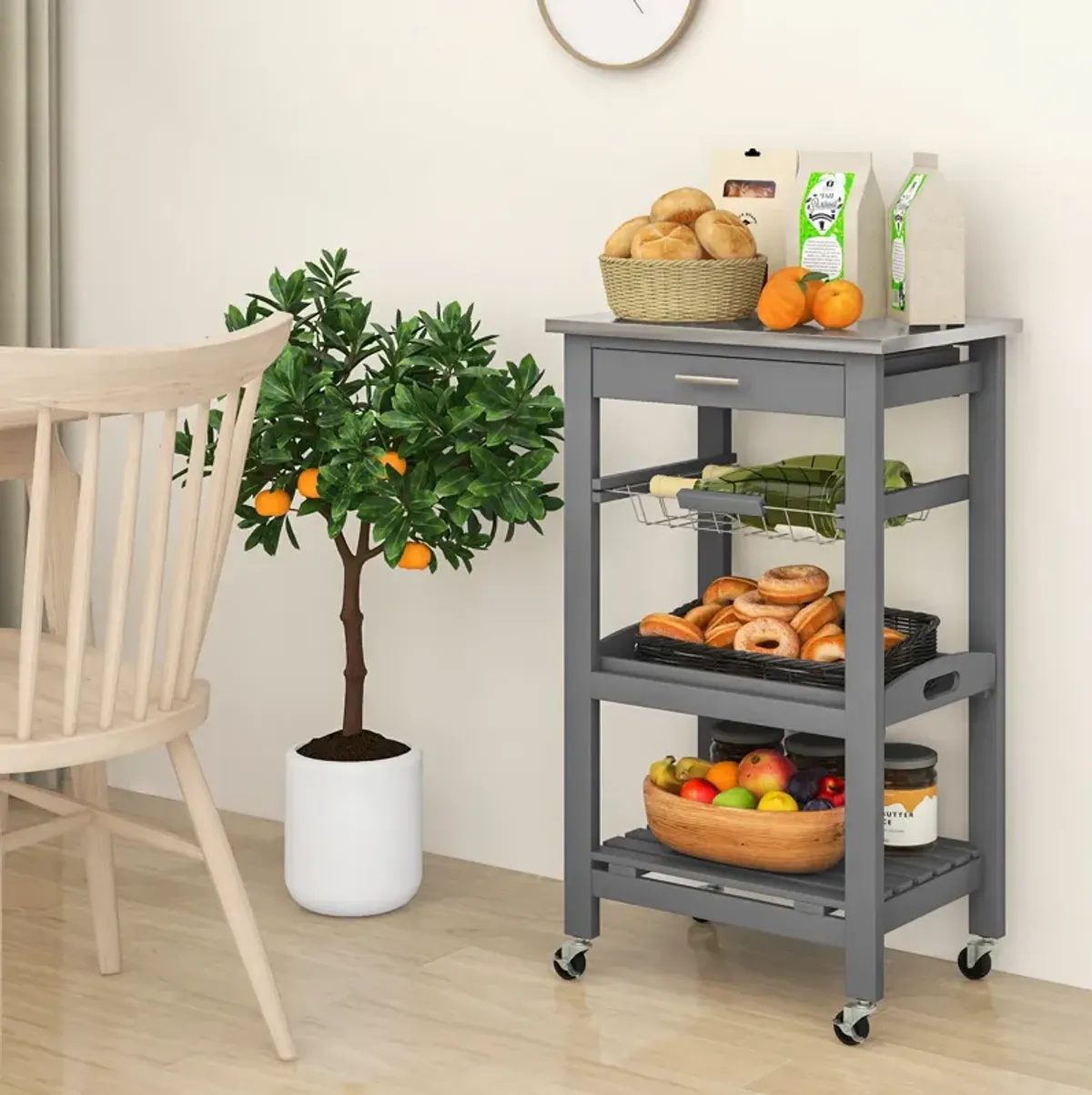 Kitchen Island Cart with Stainless Steel Tabletop and Basket