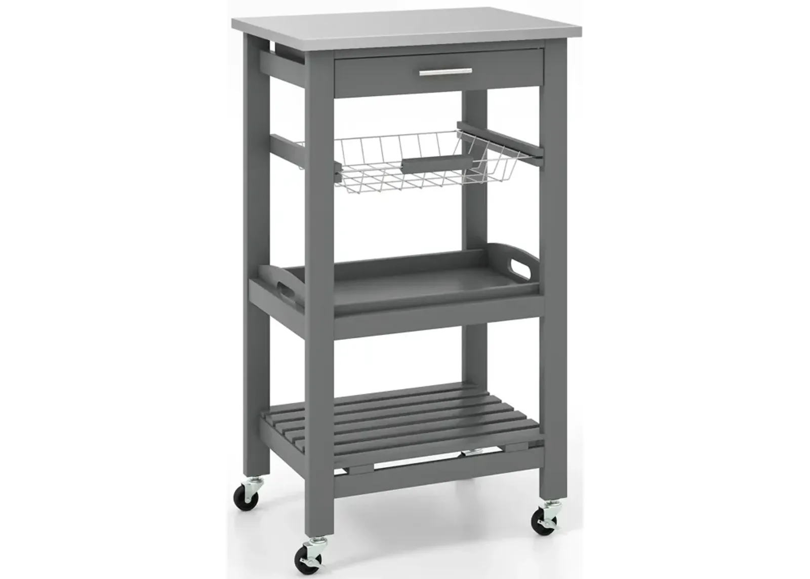 Kitchen Island Cart with Stainless Steel Tabletop and Basket