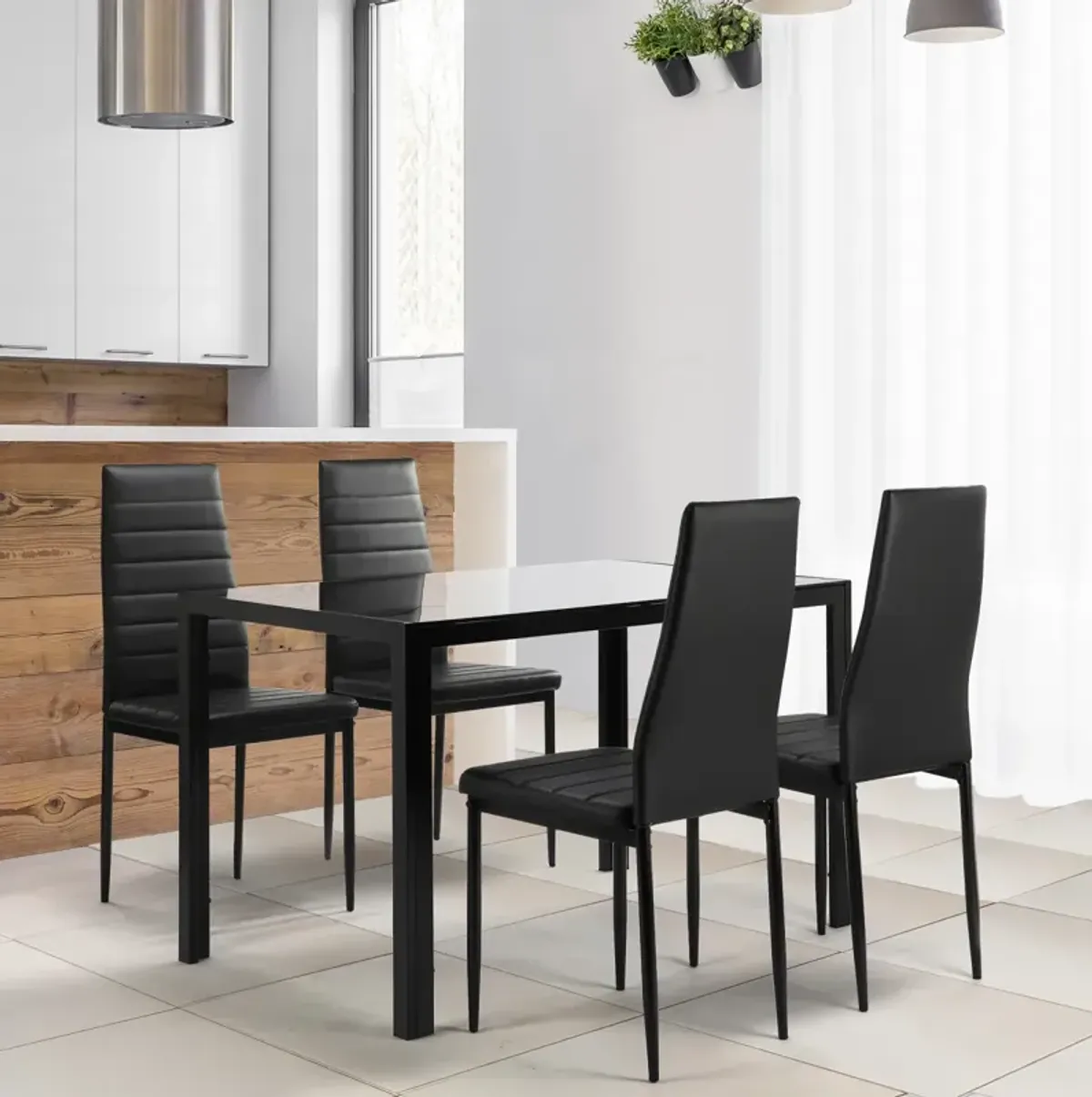 5-Piece Dining Set: Glass Table, 4 Leather Chairs