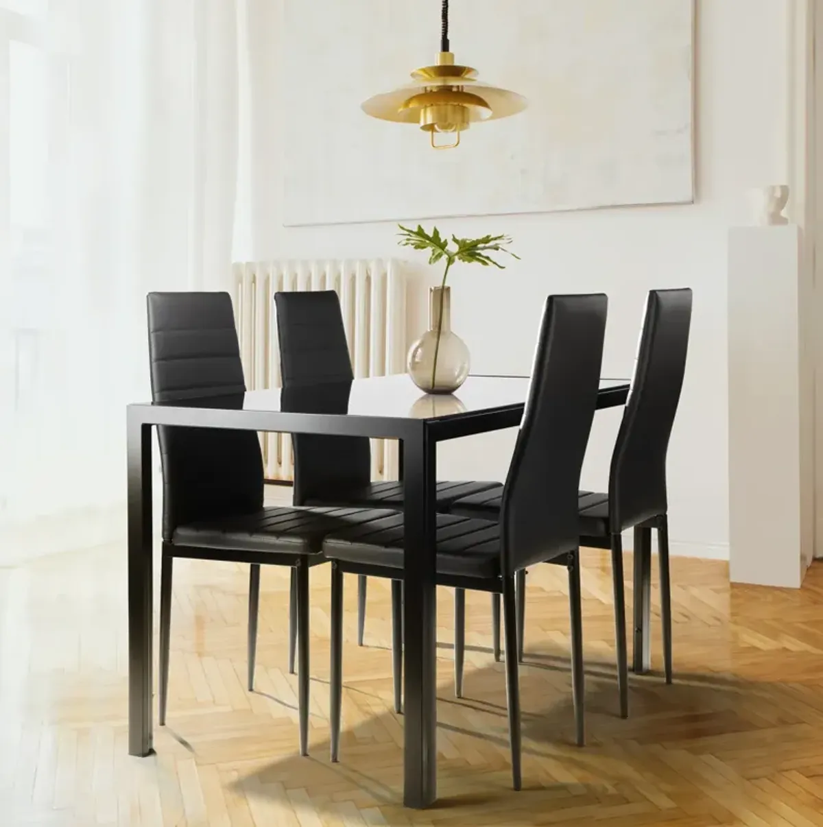 5-Piece Dining Set: Glass Table, 4 Leather Chairs