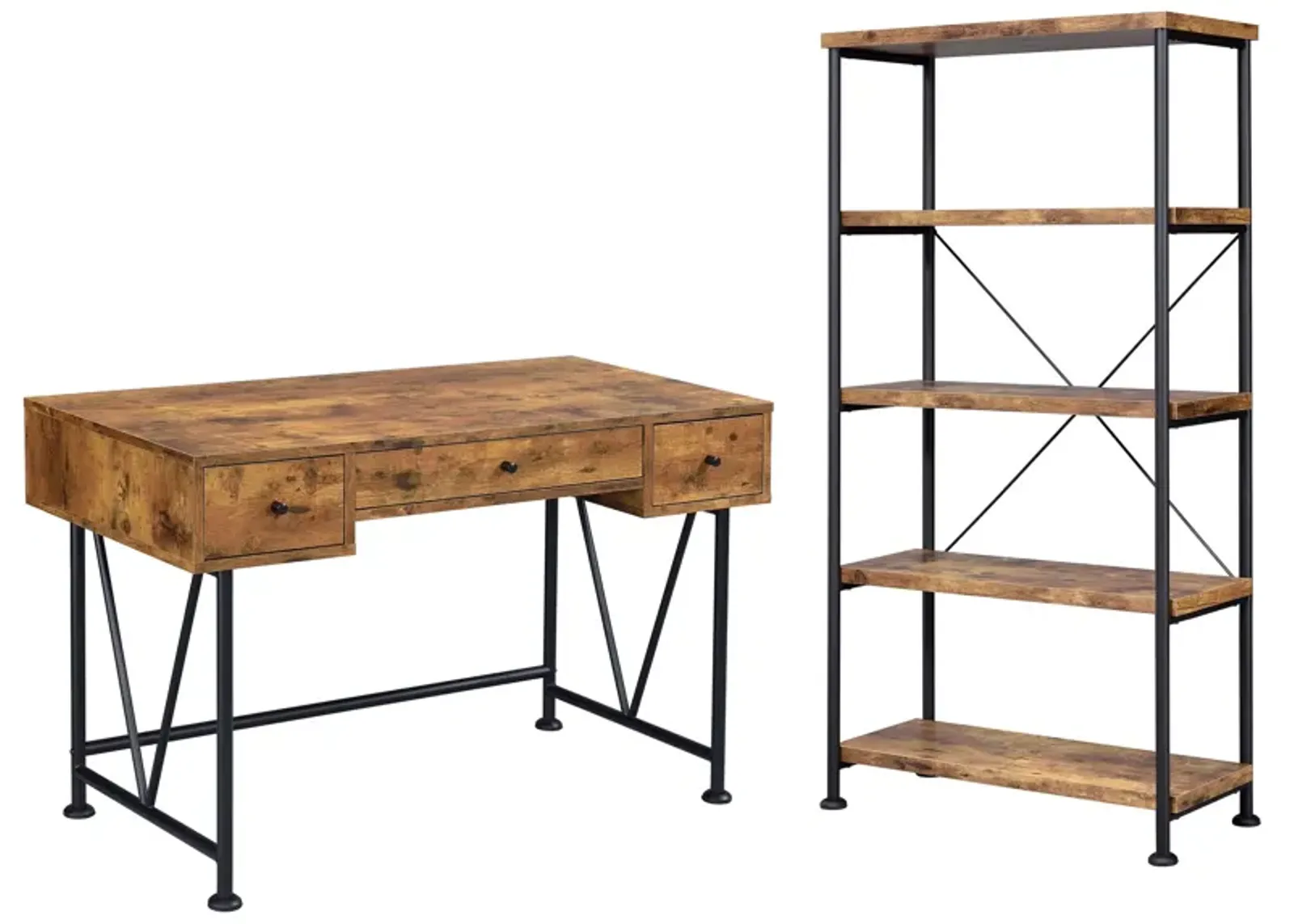 2 Piece Writing Desk with Bookshelf Unit, Rustic Brown, Black Metal Frame - Benzara