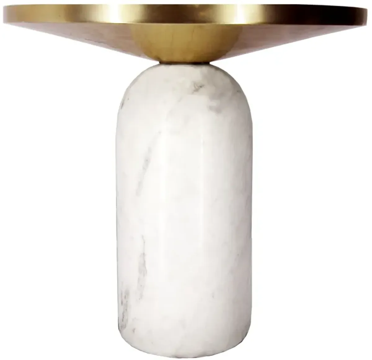 17 Inch Round Brass Modern Accent End Table with Cylindrical Marble Base, Brass, White-Benzara