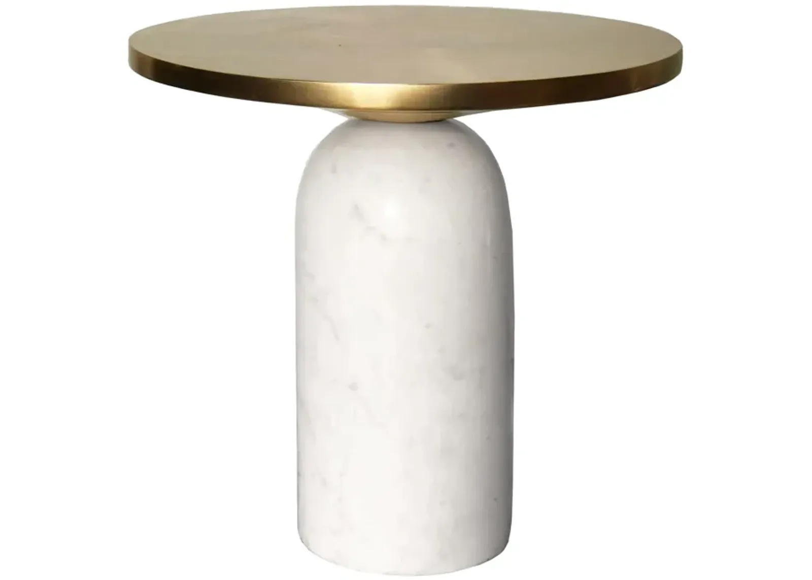 17 Inch Round Brass Modern Accent End Table with Cylindrical Marble Base, Brass, White-Benzara