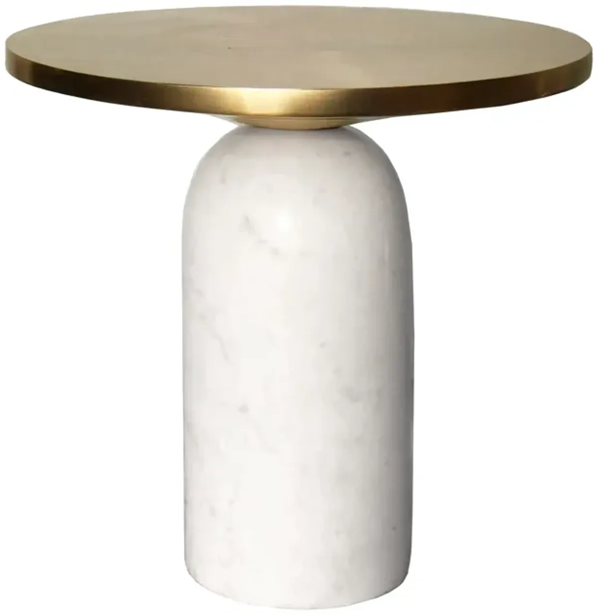 17 Inch Round Brass Modern Accent End Table with Cylindrical Marble Base, Brass, White-Benzara