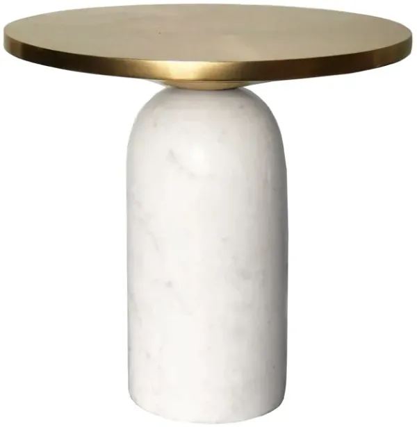 17 Inch Round Brass Modern Accent End Table with Cylindrical Marble Base, Brass, White-Benzara