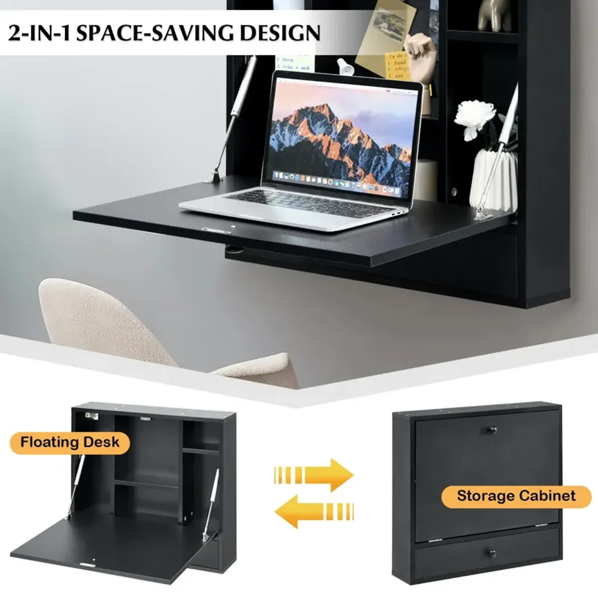 Wall-Mount Floating Desk Foldable Space Saving Laptop Workstation