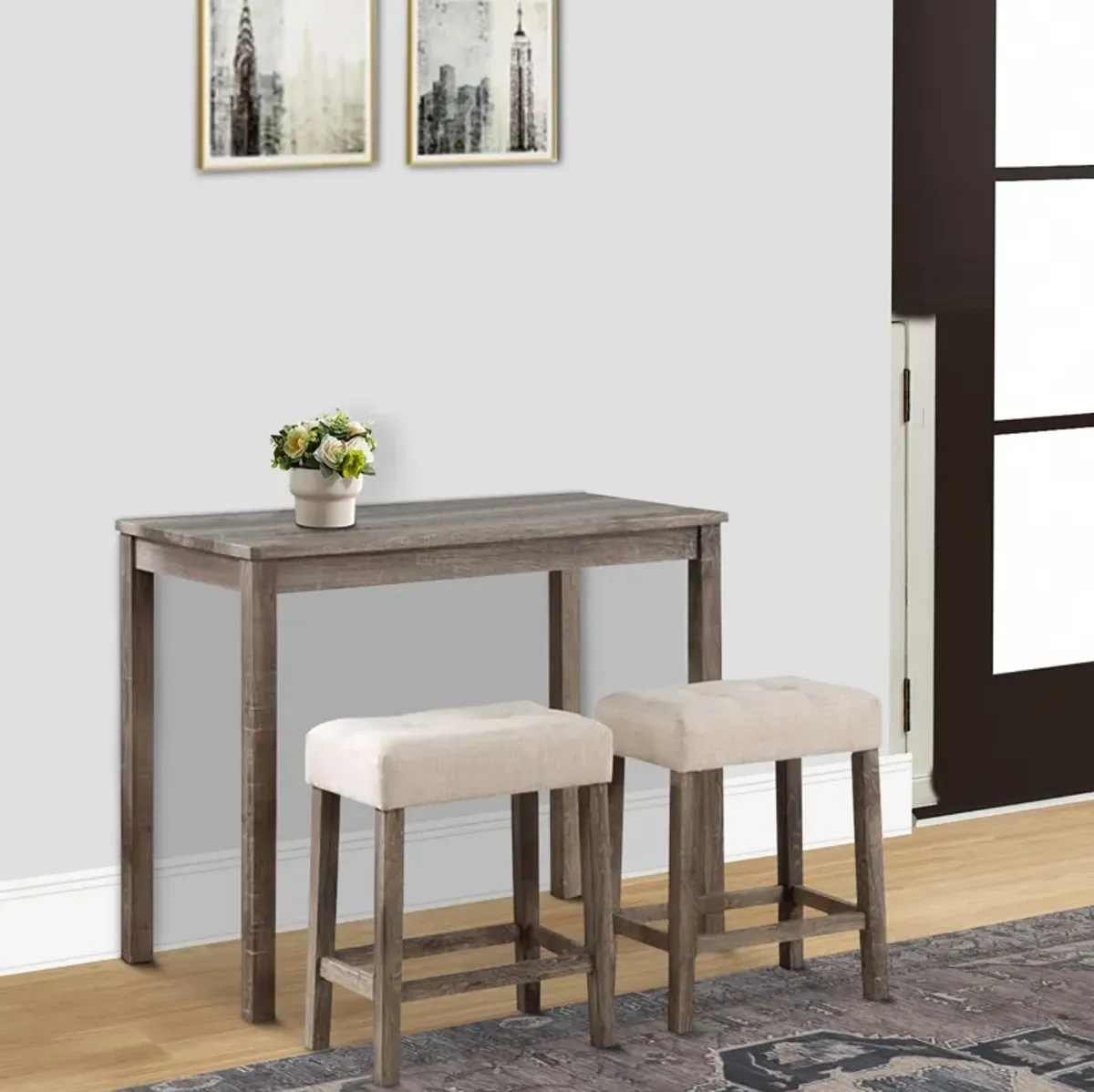 Cora 3 Piece Counter Height Table Set, Deep Tufted Stools, Brown, Beige-Benzara