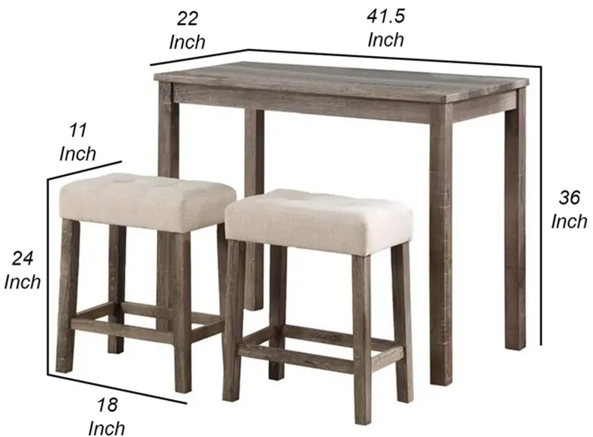 Cora 3 Piece Counter Height Table Set, Deep Tufted Stools, Brown, Beige-Benzara