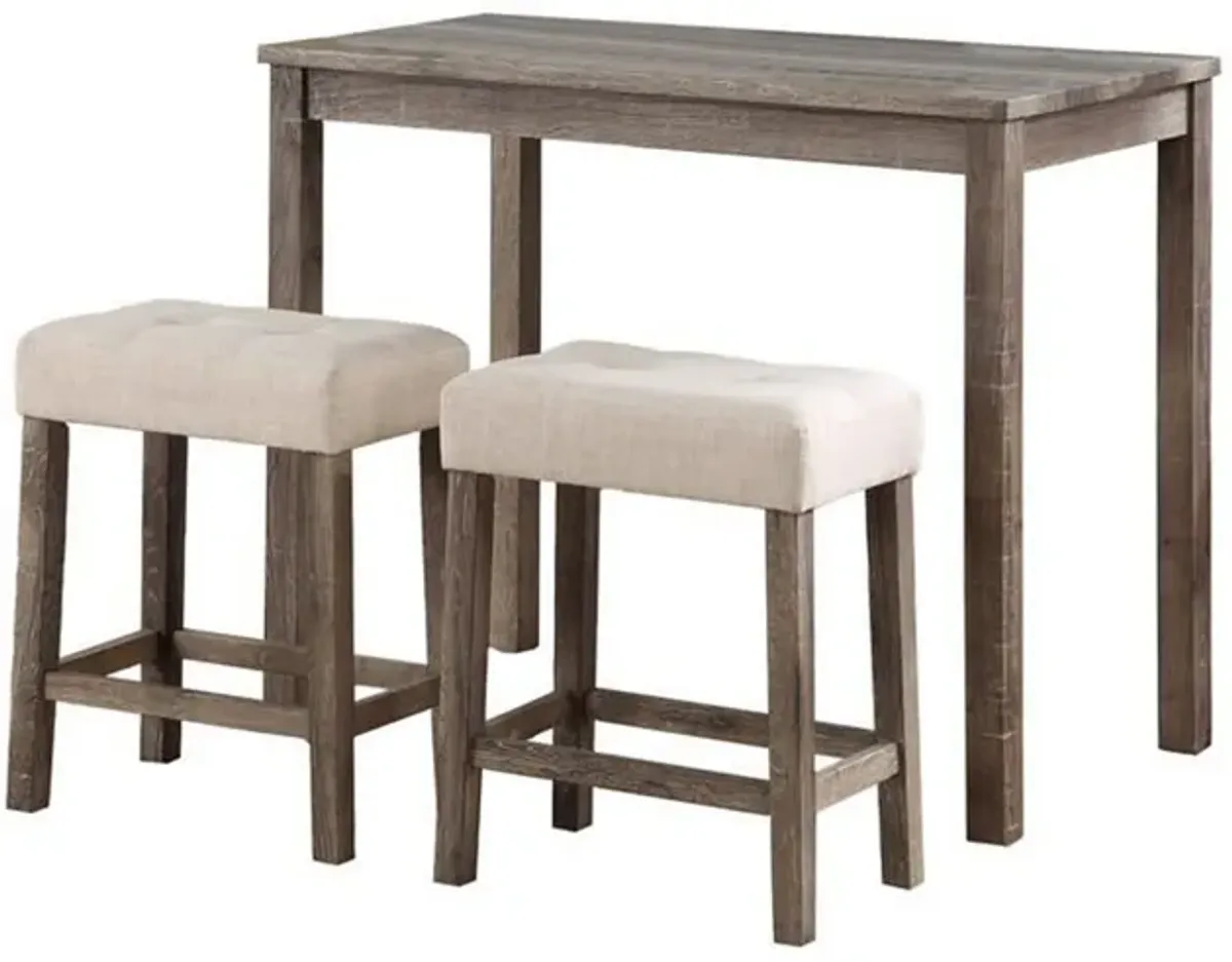 Cora 3 Piece Counter Height Table Set, Deep Tufted Stools, Brown, Beige-Benzara