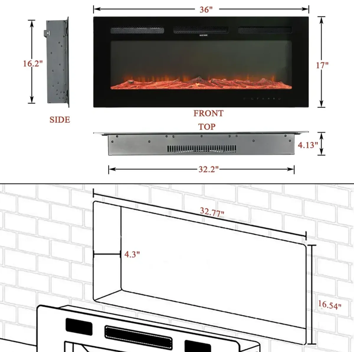 Black 36 in. Wall-Mounted Electric Fireplace with Logs & Crystals, Remote 1500/750W