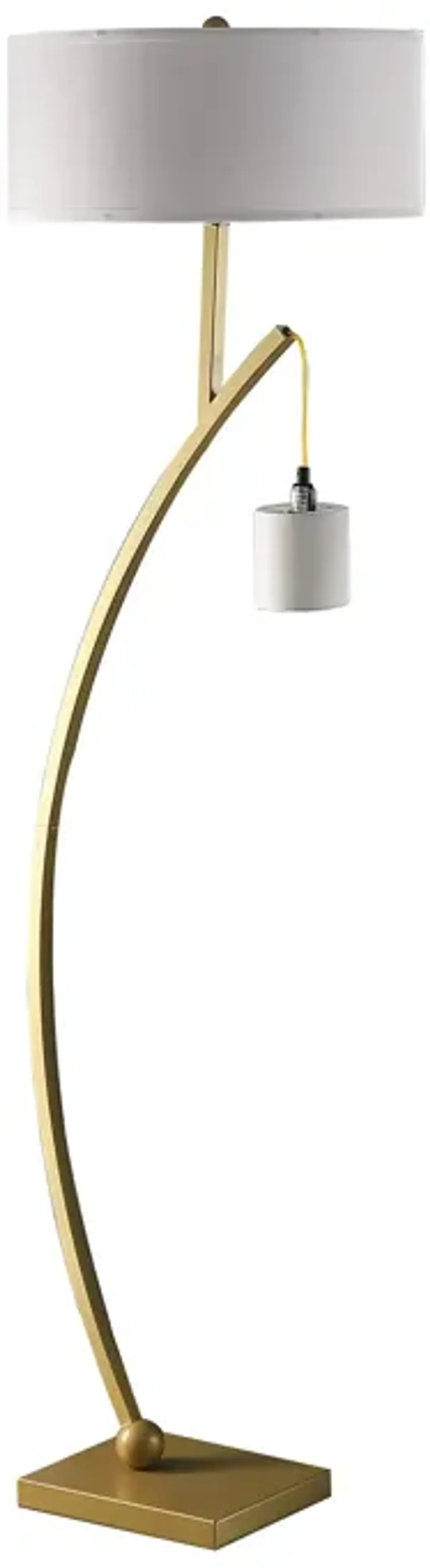 Benjara Table Jiya 59 Inch Arc Floor Lamp, Hanging Design, 2 Drum Shades, Gold and White