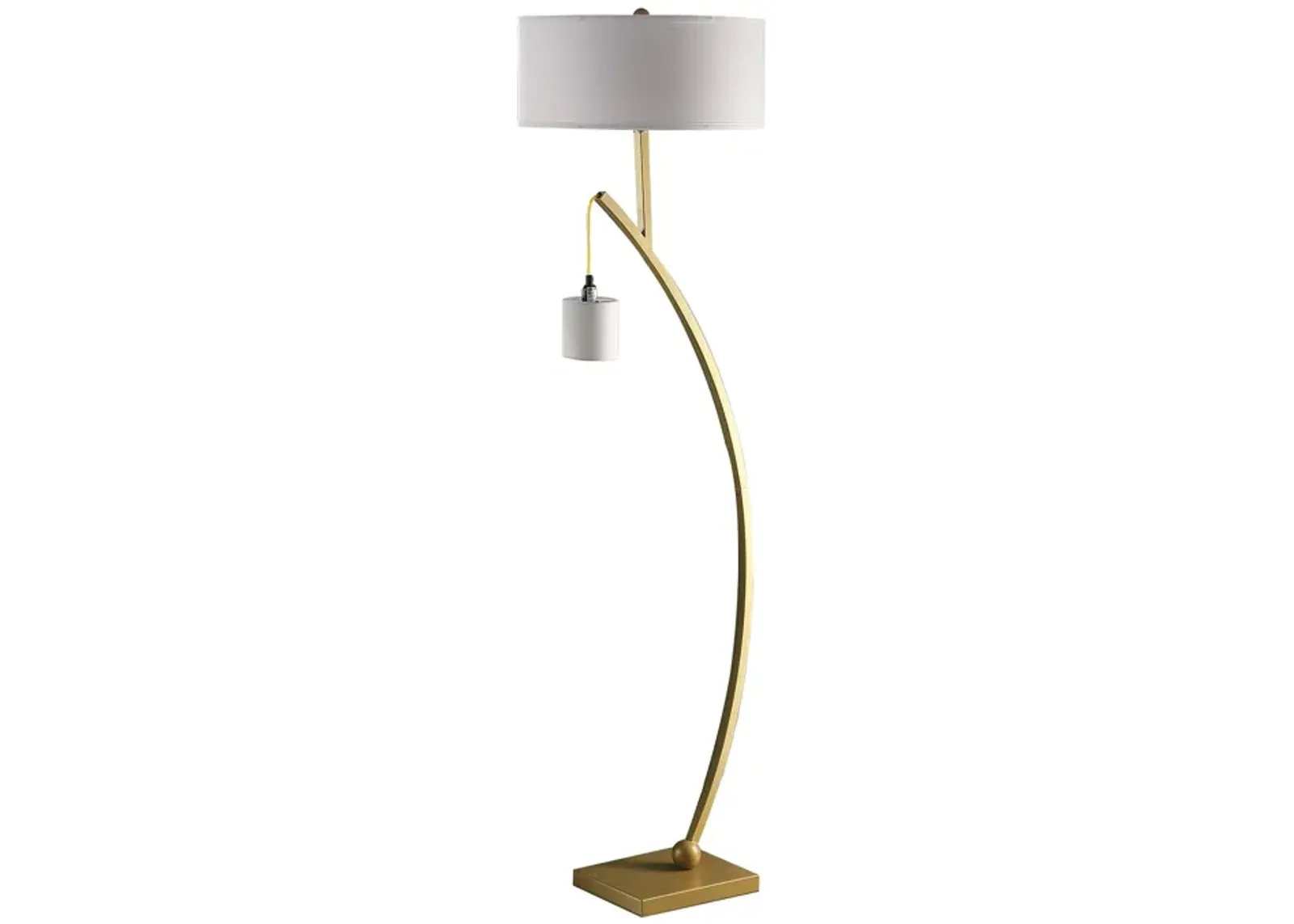 Benjara Table Jiya 59 Inch Arc Floor Lamp, Hanging Design, 2 Drum Shades, Gold and White