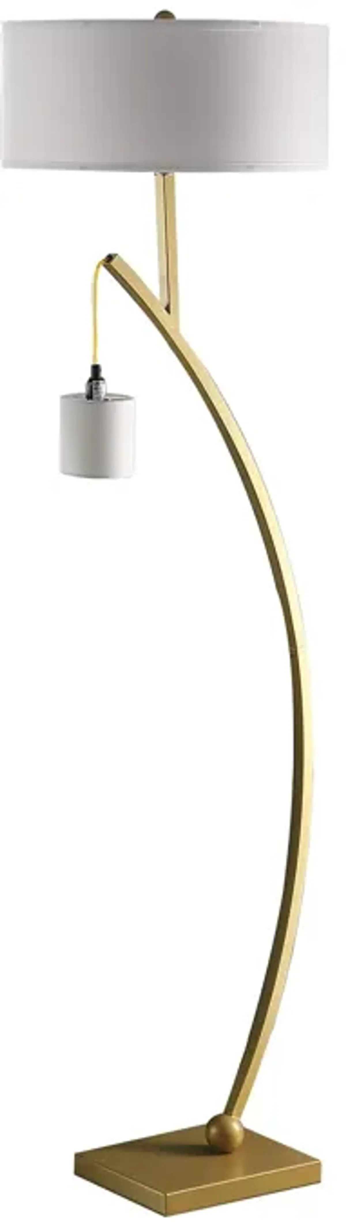 Benjara Table Jiya 59 Inch Arc Floor Lamp, Hanging Design, 2 Drum Shades, Gold and White