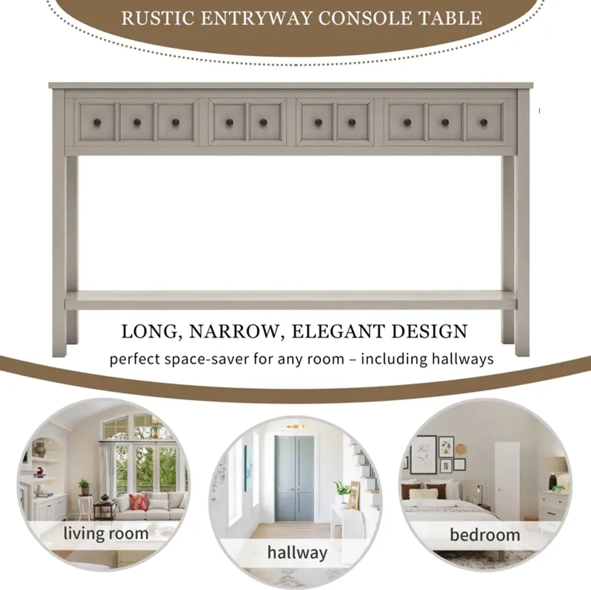 Rustic Entryway Console Table, 60" Long Sofa Table with Two Different Size Drawers and Bottom Shelf for Storage