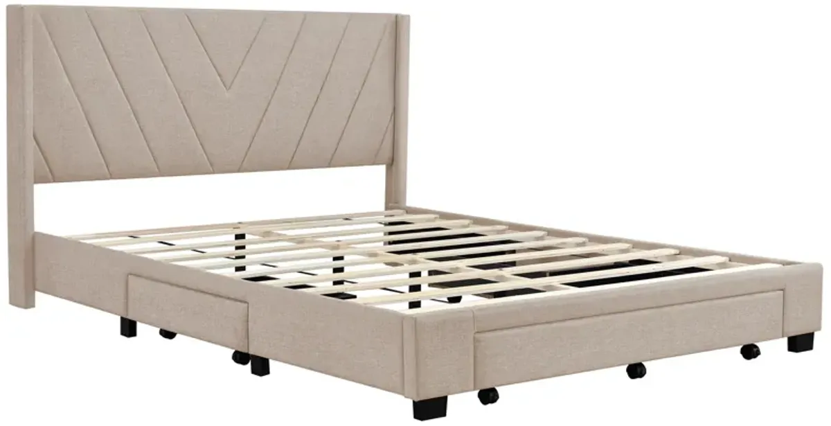 Merax Linen Upholstered Platform Bed with 3 Drawers