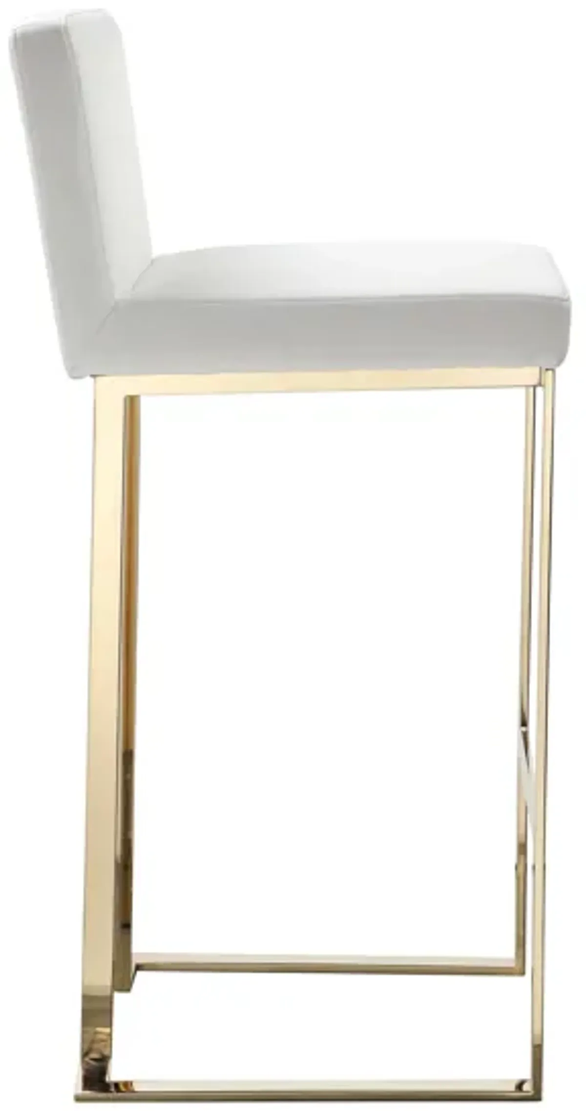 Boly 30 Inch Barstool Chair, Cushioned White Faux Leather, Gold Cantilever - Benzara