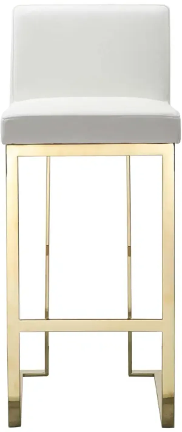 Boly 30 Inch Barstool Chair, Cushioned White Faux Leather, Gold Cantilever - Benzara