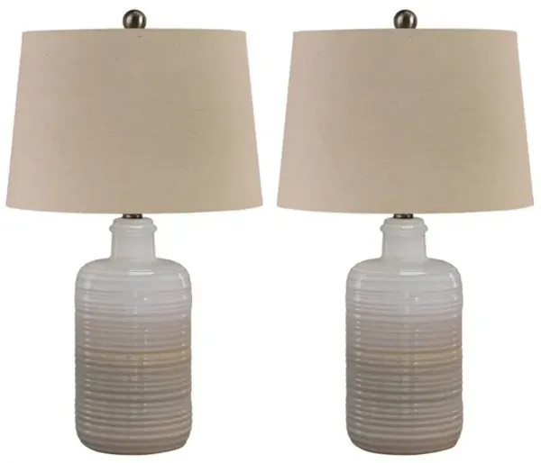 Ceramic Body Table Lamp with Brushed Details, Set of 2, Beige and White - Benzara