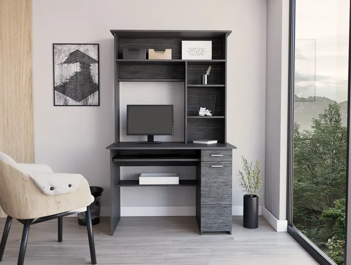 DEPOT E-SHOP Xalo 180 Compu Hutch Desk, Keyboard Tray, Door Panel For CPU, Multiple Shelves, One Drawer, Smokey Oak