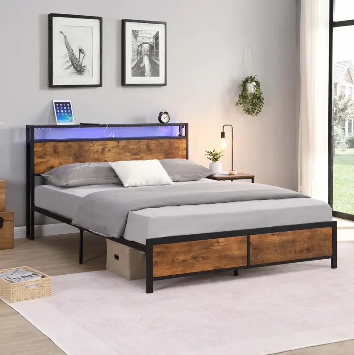 Rustic brown queen bed frame with LED lights and storage