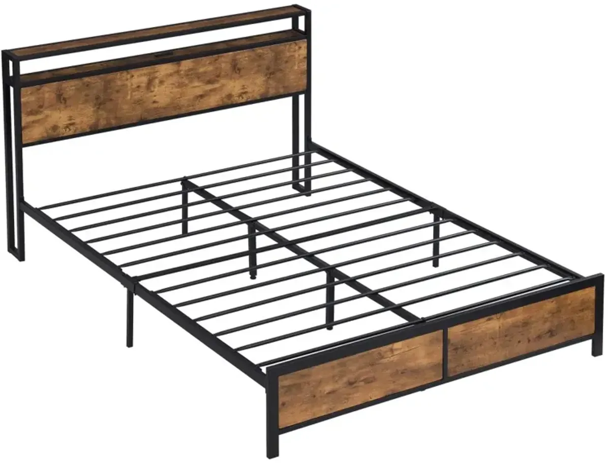 Rustic brown queen bed frame with LED lights and storage