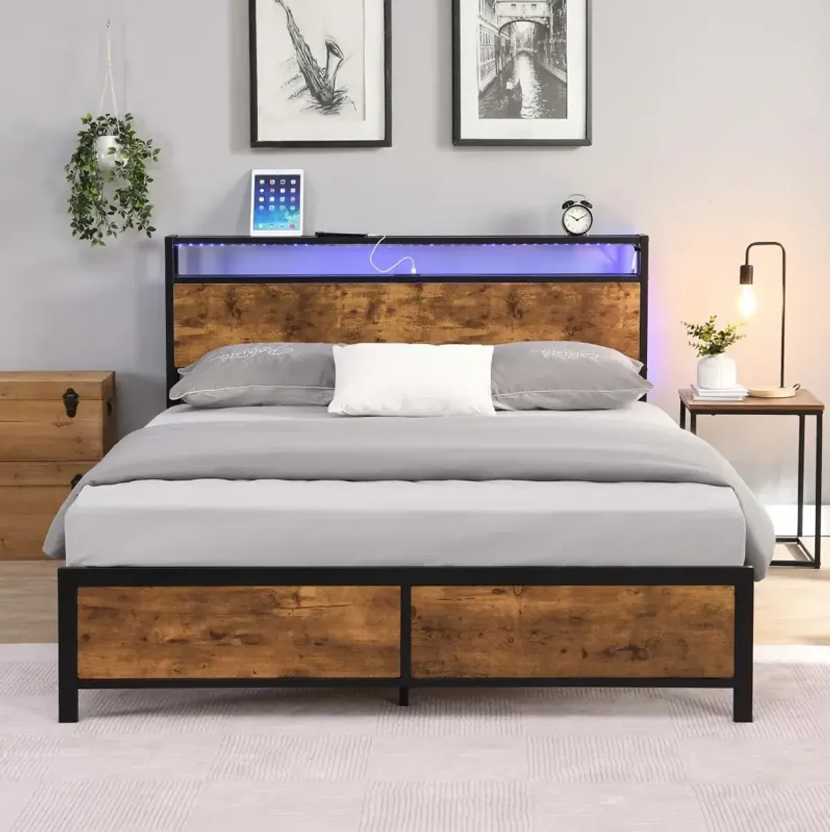 Rustic brown queen bed frame with LED lights and storage