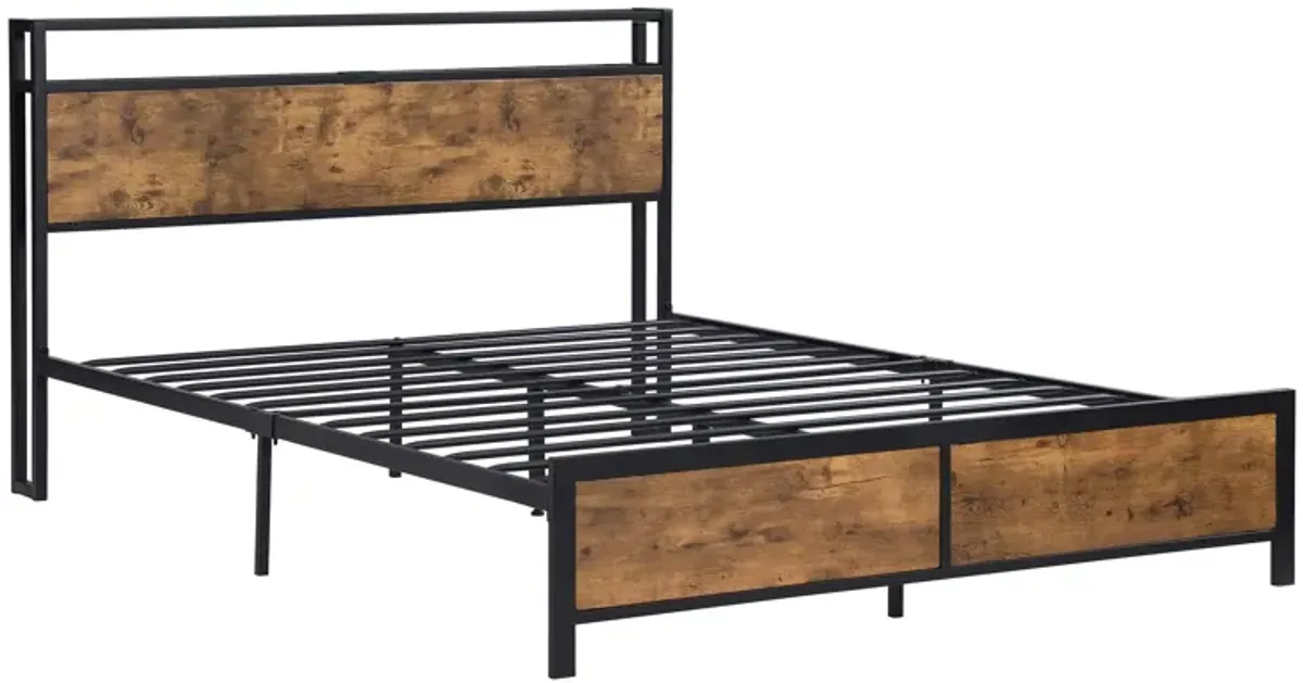 Rustic brown queen bed frame with LED lights and storage