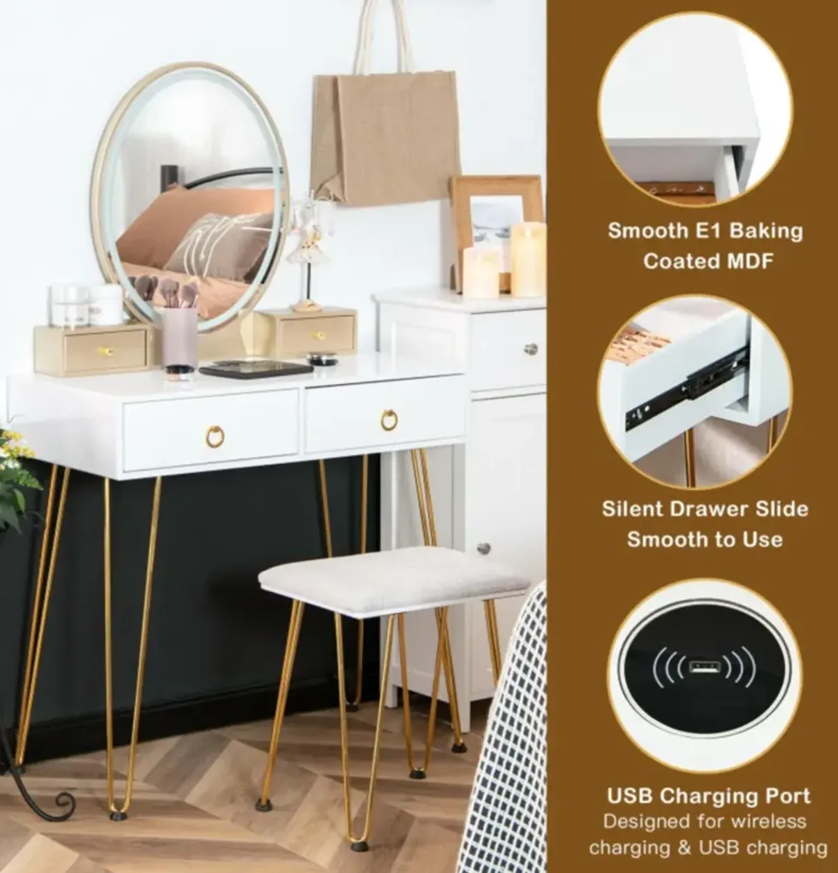 Hivvago Vanity Table Set with 3-Color Lighted Dimmable Mirror