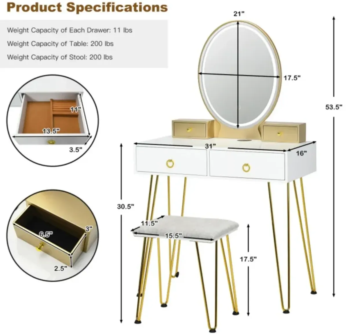 Hivvago Vanity Table Set with 3-Color Lighted Dimmable Mirror