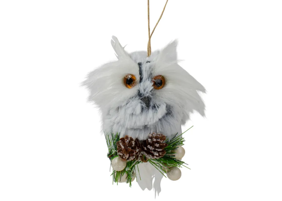 6" White Owl with Pinecones and Berries Christmas Ornament