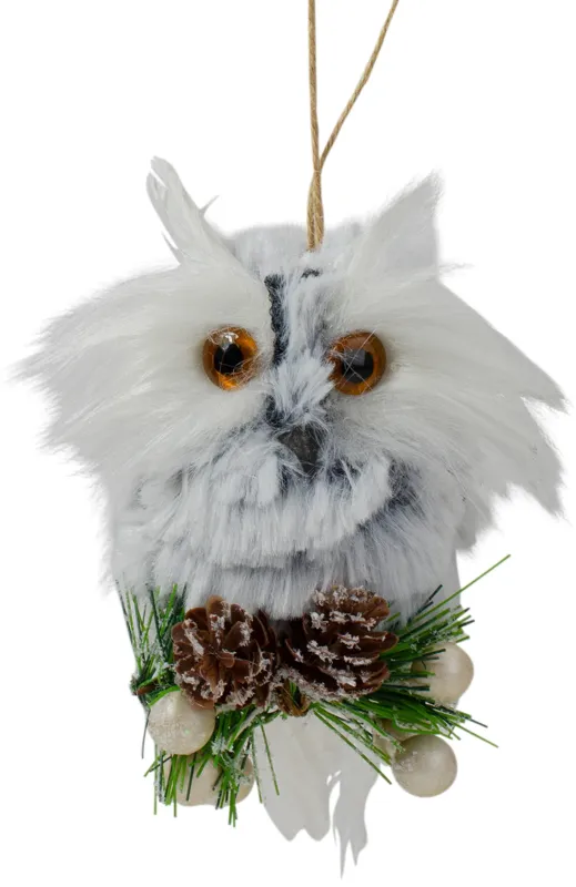 6" White Owl with Pinecones and Berries Christmas Ornament