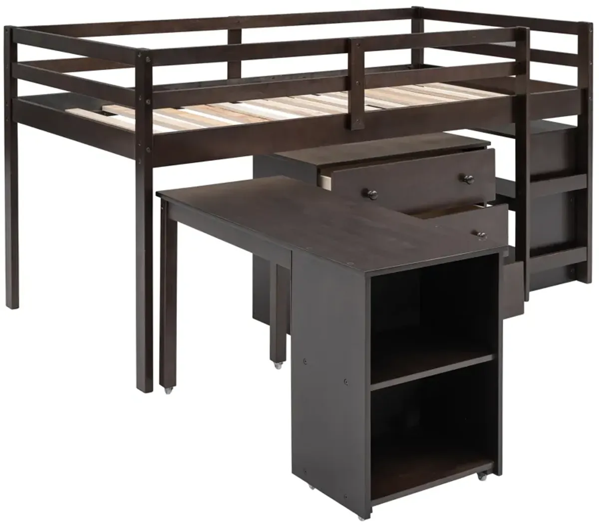 Merax Low Loft Bed with Cabinet and Rolling Portable Desk