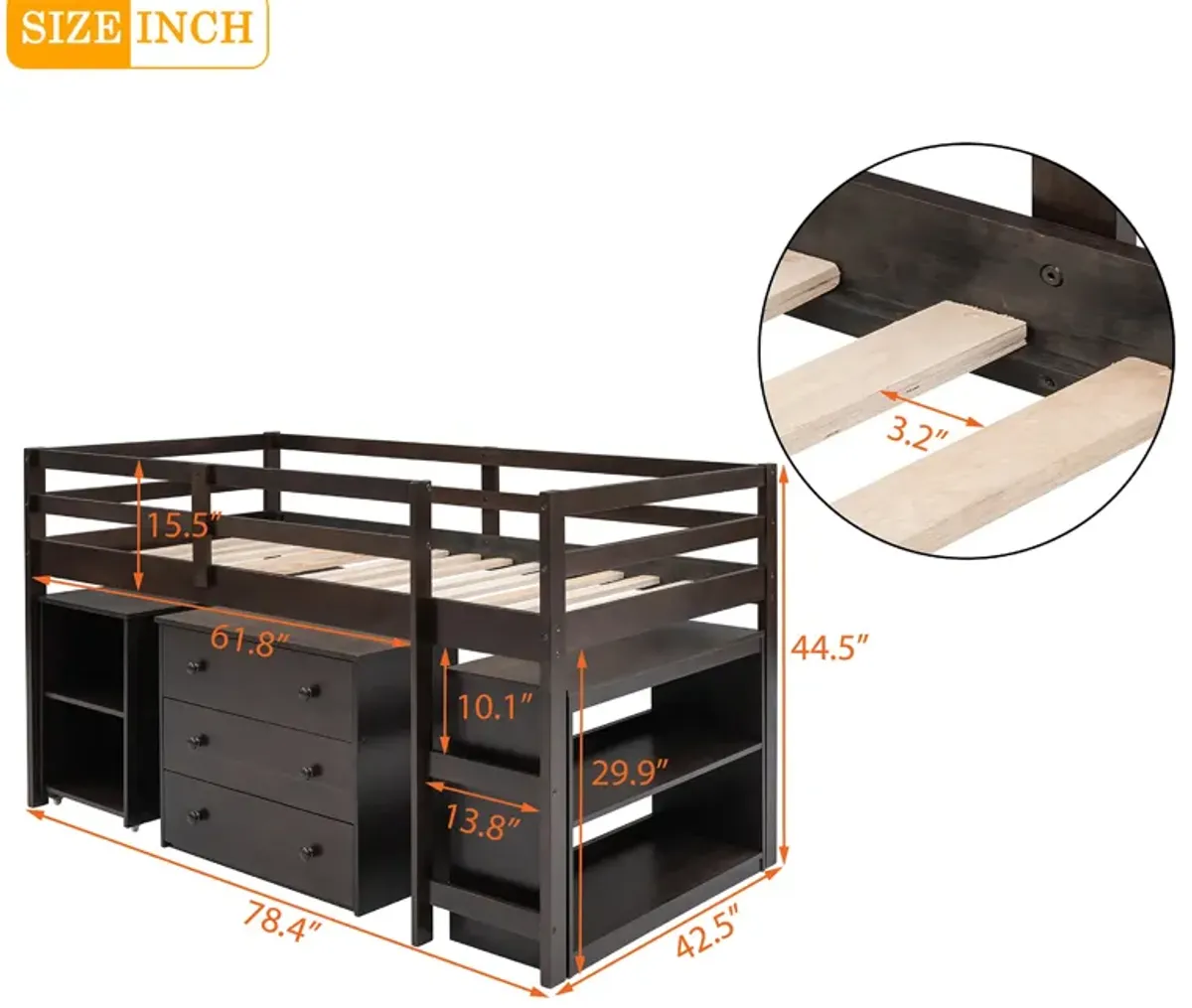 Merax Low Loft Bed with Cabinet and Rolling Portable Desk