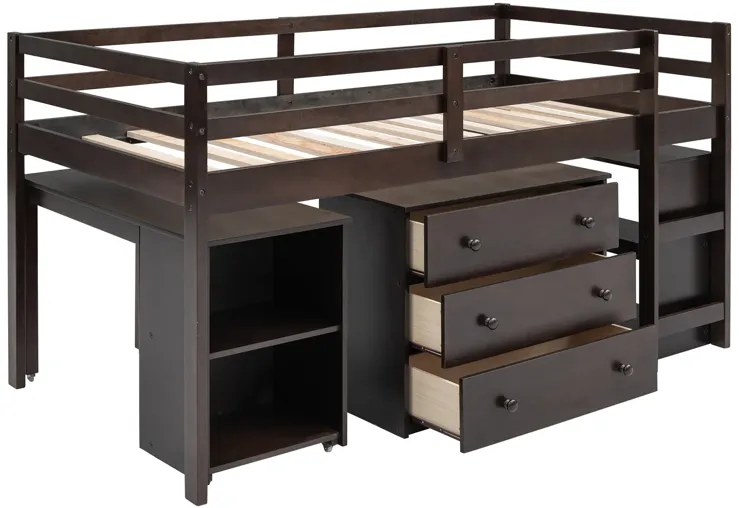 Merax Low Loft Bed with Cabinet and Rolling Portable Desk