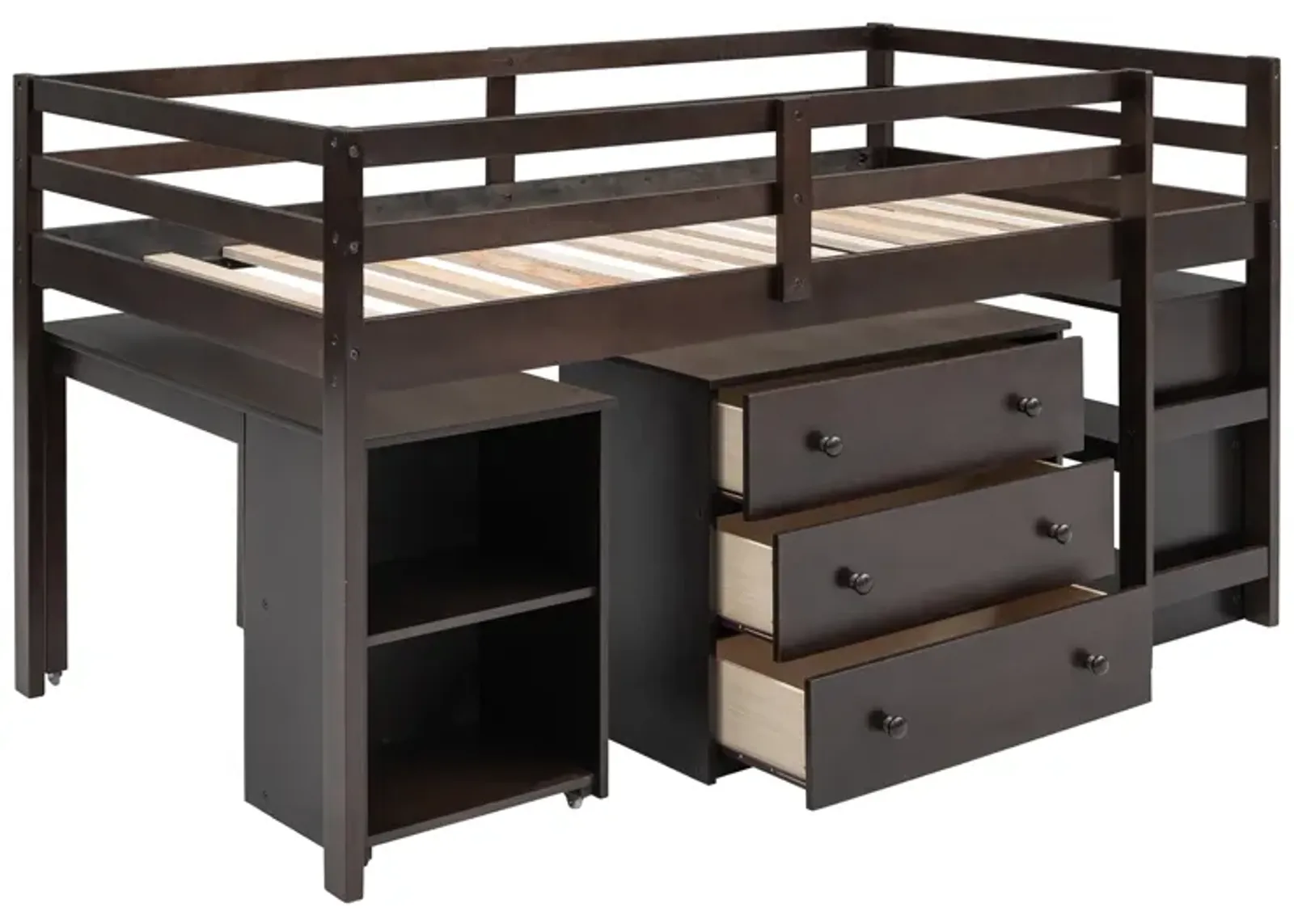 Merax Low Loft Bed with Cabinet and Rolling Portable Desk