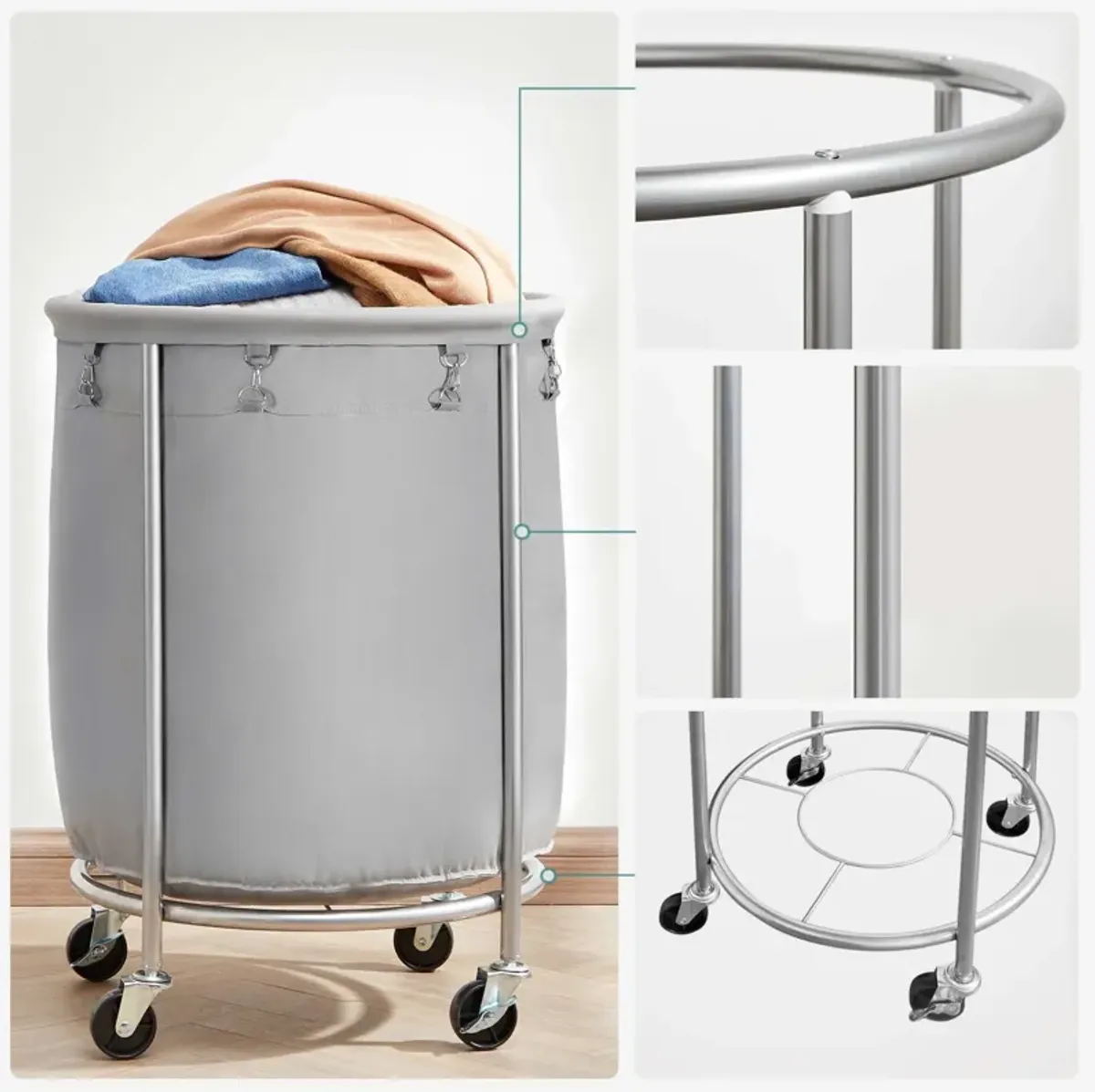 Laundry Basket with Wheels and Removable Bag, Steel Frame, 4 Casters and 2 Brakes