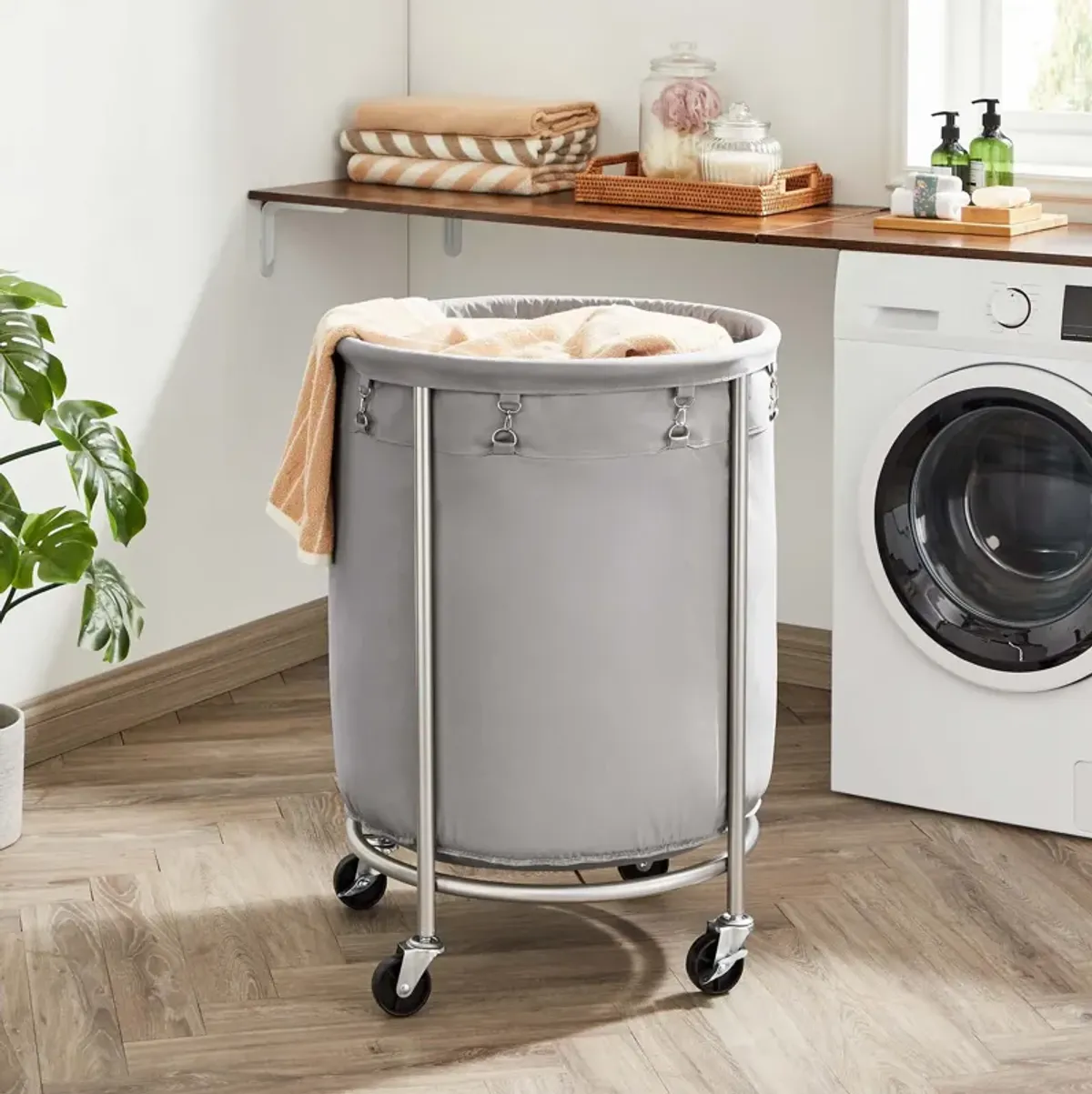 Laundry Basket with Wheels and Removable Bag, Steel Frame, 4 Casters and 2 Brakes