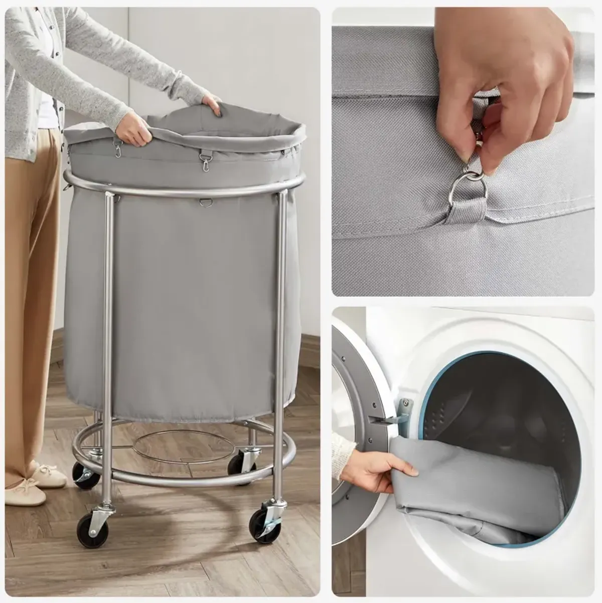 Laundry Basket with Wheels and Removable Bag, Steel Frame, 4 Casters and 2 Brakes