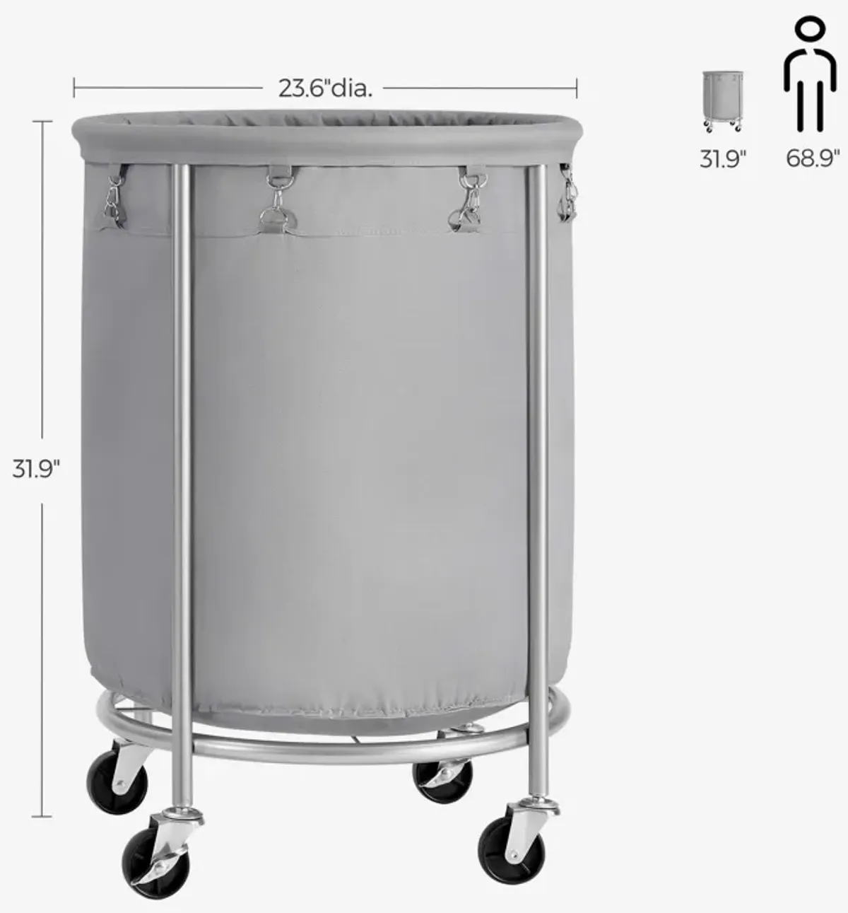 Laundry Basket with Wheels and Removable Bag, Steel Frame, 4 Casters and 2 Brakes