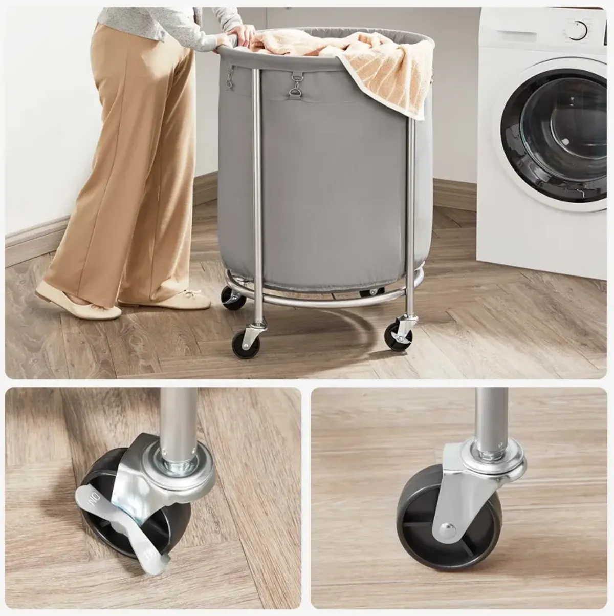 Laundry Basket with Wheels and Removable Bag, Steel Frame, 4 Casters and 2 Brakes