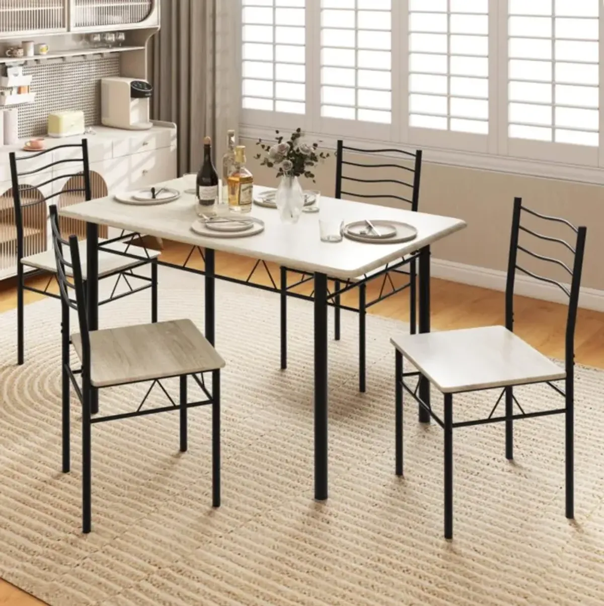 Hivvago 5 Pieces Wood Metal Dining Table Set with 4 Chairs