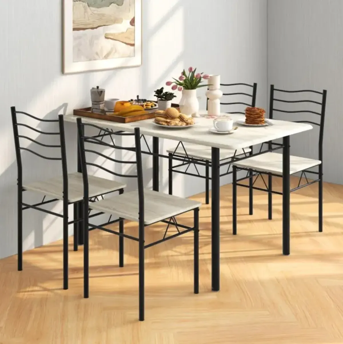 Hivvago 5 Pieces Wood Metal Dining Table Set with 4 Chairs