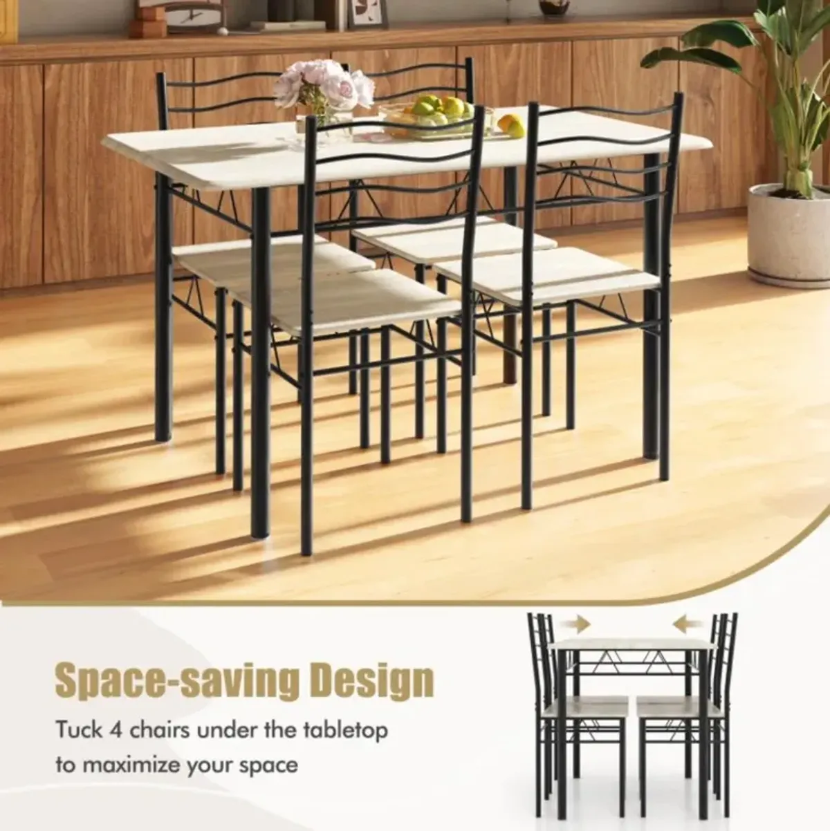 Hivvago 5 Pieces Wood Metal Dining Table Set with 4 Chairs