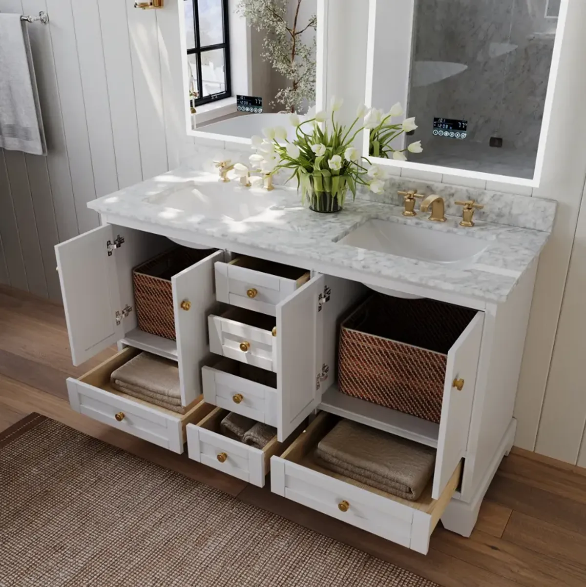 Audrey 66 in. Bath Vanity Set in White with Gold Hardware