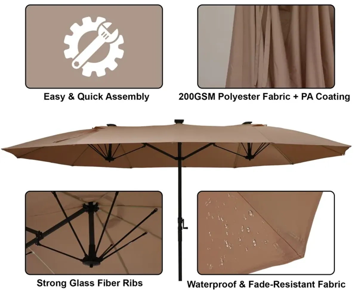 MONDAWE 15ft Twin Double-Sided Solar LED Patio Market Umbrella with Included Base Stand