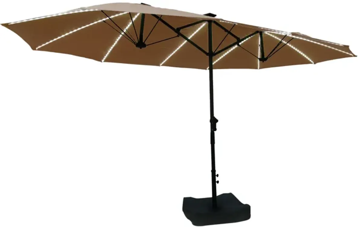 MONDAWE 15ft Twin Double-Sided Solar LED Patio Market Umbrella with Included Base Stand