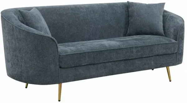 Kenny Sofa, 2 Pillows, Cobalt Blue Chenille, Gold Metal Legs, 77 Inch - Benzara